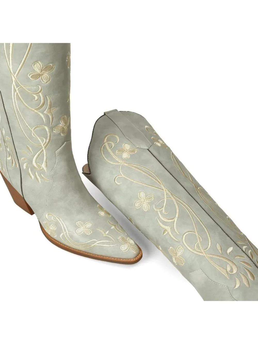 Women's Light Grey pu Knee High Floral Embroidered Vintage Cowgirl Boots